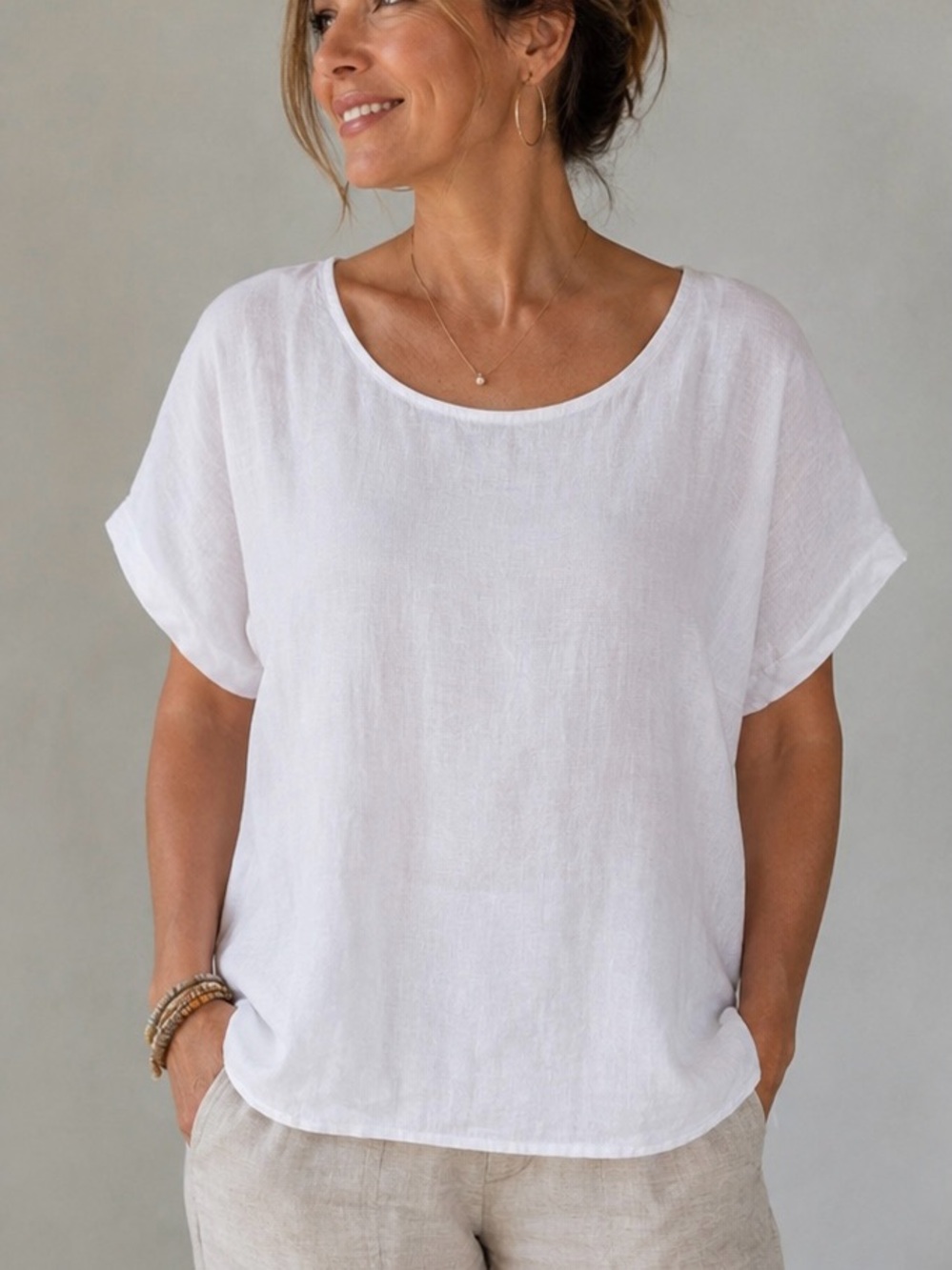 Terzo Millennio Made in Italy White Linen Blouse Scoop Neck Short Sleeve Large